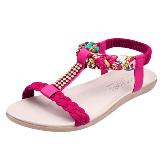 Flat Sandals for Women Dressy Summer Cute Gladiator Slip on Sandal Comfortable Orthopedic T-strap Sandals Ladies Casual Ankle Elastic Bohemian Beach Shoes