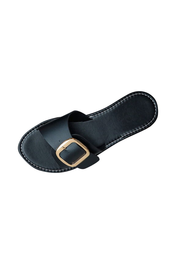 Flat Sandals Women Fashion Slides Paired with Metal buckle Slippers Womens Round Toe Dressy Summer Slide Sandals Flat Low Heel Big Metal Chain Slip On Party Slippers Shoes