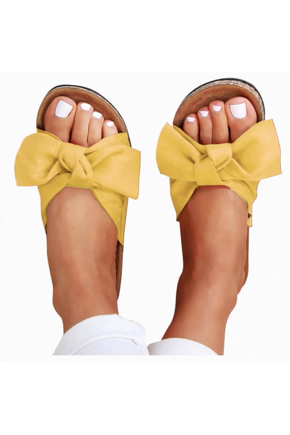 Flat Sandals for Women 2026 Fashion Cute Bow Tie Knot on Top Slides Summer Soft Leather Slippers Casual Ladies Dress Shoes Yellow Size 4.5