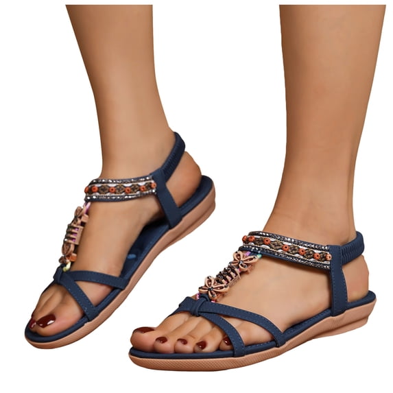 Flat Sandals for Women Comfy Footbed Beach Shoes Bohemia Beaded Elastic Ankle Strap Casual Lightweight Walking Shoes Navy Size 8