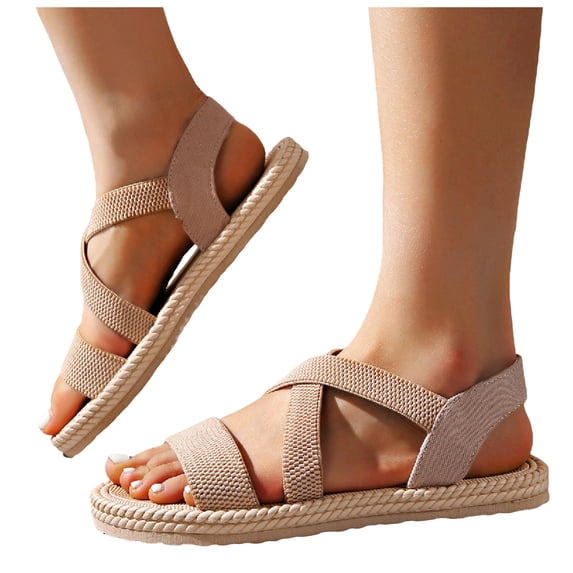 Flat Sandals for Women Elastic Strappy Quick Drying Beach Shoes Casual Open Toe Lightweight Slip on Walking Shoes Beige Size 7.5