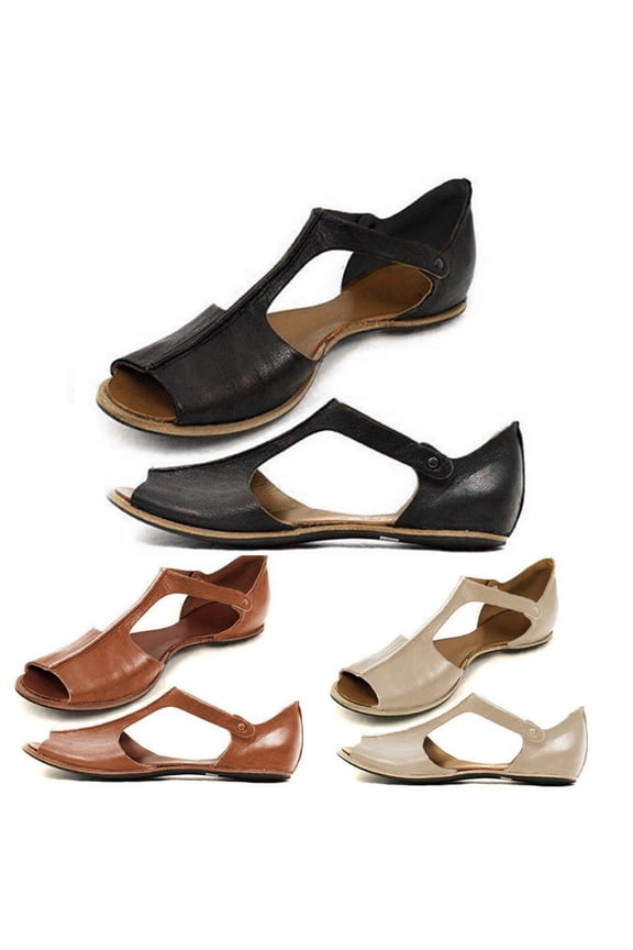 Flat Sandals for Women Open Toe Stitching Leather Slip on with Ankle Strap Comfortable Summer Vacation Beach Shoes Black Size 8.5
