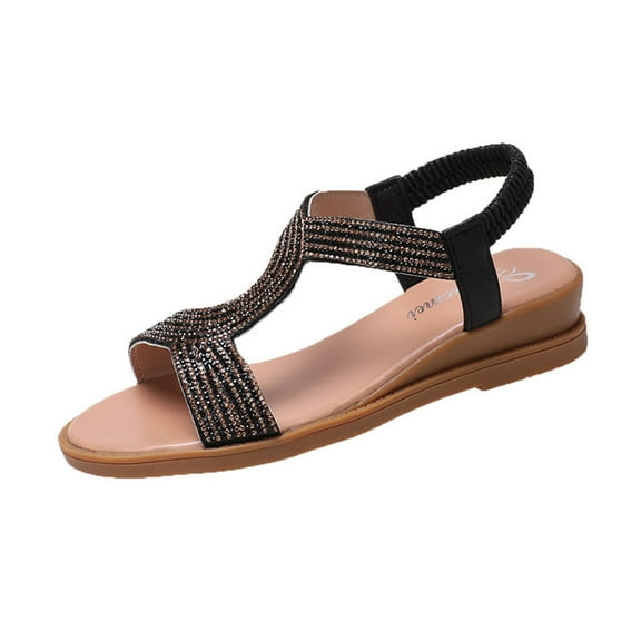 Flat Sandals for Women Rhinestone Vacation Elastic Strap Solid Color Open Toe Beach Summer Casual Sandals Black