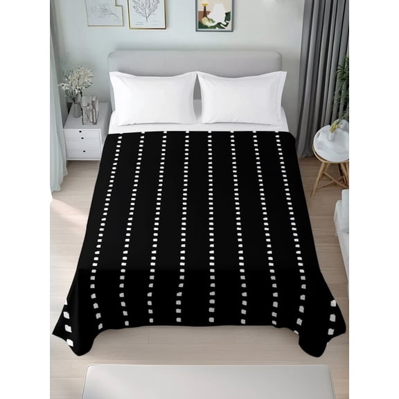Flat Sheet Bed Sheets, Abstract Art White Dotted Line on Black Soft Top Sheet Brushed Microfiber Bedding Sheet - 1 Queen Size Flat Sheet Only, Modern Minimalist Dot