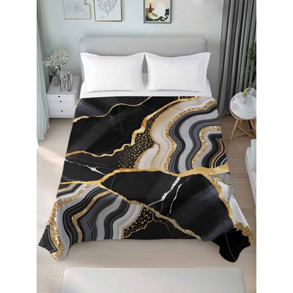 Flat Sheet Bed Sheets, Abstract Flowing Marble Fluid Art Soft Top Sheet Brushed Microfiber Bedding Sheet - 1 California King Size Flat Sheet Only, Black and Gold Lines
