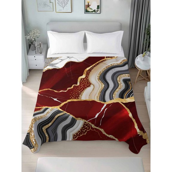 Flat Sheet Bed Sheets, Abstract Flowing Marble Fluid Art Soft Top Sheet Brushed Microfiber Bedding Sheet - 1 California King Size Flat Sheet Only, Red and Gold Lines