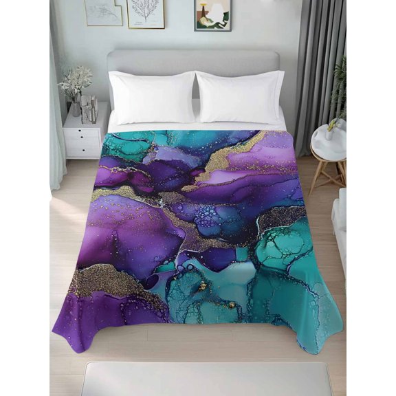 Flat Sheet Bed Sheets, Abstract Marble Texture Pattern Soft Top Sheet Brushed Microfiber Bedding Sheet - 1 California King Size Flat Sheet Only, Purple Green Gradient