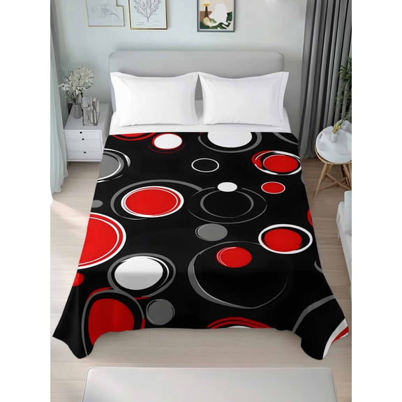 Flat Sheet Bed Sheets, Black and Red Polka Dot Circle Soft Top Sheet Brushed Microfiber Bedding Sheet - 1 Queen Size Flat Sheet Only, Modern Abstract Art