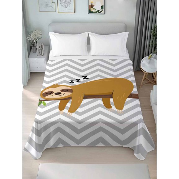 Flat Sheet Bed Sheets, Cartoon Sloth Tree Branch Soft Top Sheet Brushed Microfiber Bedding Sheet - 1 Queen Size Flat Sheet Only, Gray Chevron Stripe