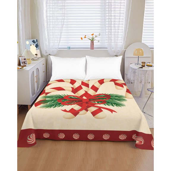 Flat Sheet Bed Sheets, Christmas Candies Pine Branch Soft Top Sheet Brushed Microfiber Bedding Sheet - 1 King Size Flat Sheet Only, Cane Red Beige