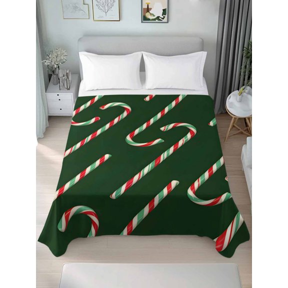 Flat Sheet Bed Sheets, Christmas Red Green Pattern Soft Top Sheet Brushed Microfiber Bedding Sheet - 1 Queen Size Flat Sheet Only, Winter Candies Stick