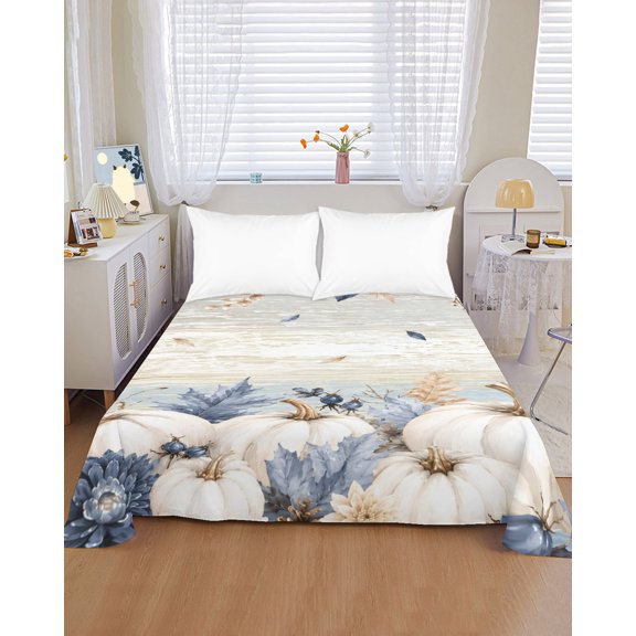 Flat Sheet Bed Sheets, Fall Flower Leaf Pumpkin Soft Top Sheet Brushed Microfiber Bedding Sheet - 1 King Size Flat Sheet Only, Thanksgiving Botanical Wood Board