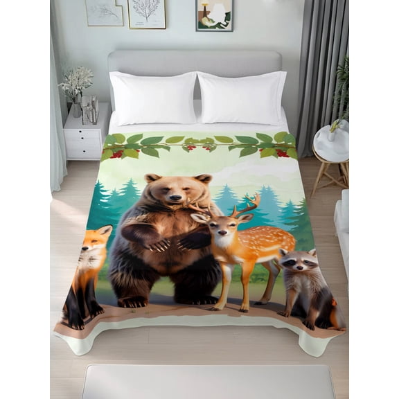 Flat Sheet Bed Sheets, Forest Bear Deer Fox Squirrel Soft Top Sheet Brushed Microfiber Bedding Sheet - 1 King Size Flat Sheet Only, Farmhouse Plant Tree