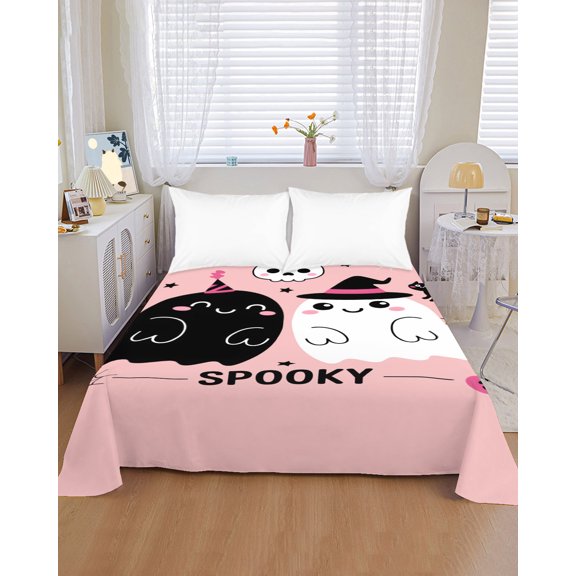 Flat Sheet Bed Sheets, Halloween Black White Ghost Soft Top Sheet Brushed Microfiber Bedding Sheet - 1 King Size Flat Sheet Only, Cartoon Bat Pumpkin on Pink