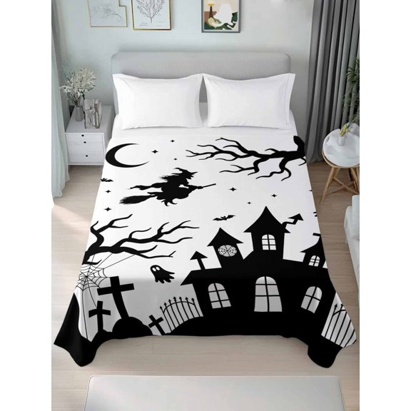 Flat Sheet Bed Sheets, Halloween Haunted Castle Witch Ghost Soft Top Sheet Brushed Microfiber Bedding Sheet - 1 Queen Size Flat Sheet Only, White Black Theme