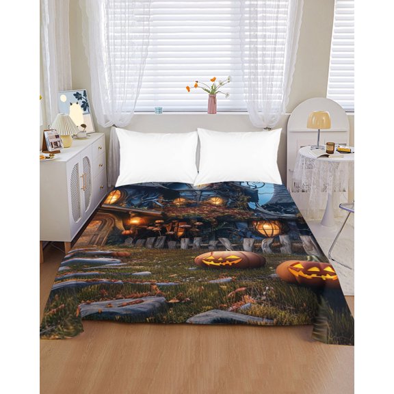 Flat Sheet Bed Sheets, Halloween Night Horror Castle Moon Forest Soft Top Sheet Brushed Microfiber Bedding Sheet - 1 King Size Flat Sheet Only, Scary Pumpkin Ghost