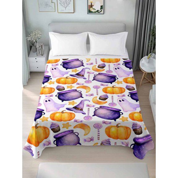 Flat Sheet Bed Sheets, Halloween Pumpkin Ghost Soft Top Sheet Brushed Microfiber Bedding Sheet - 1 Queen Size Flat Sheet Only, Potion Moon Stars Magic Hat