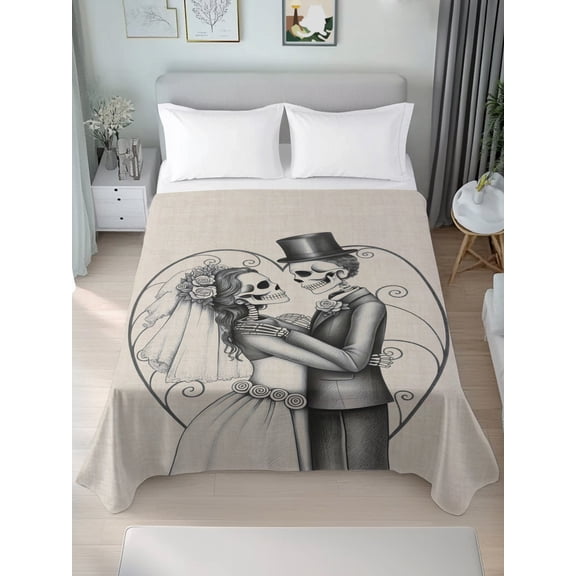 Flat Sheet Bed Sheets, Happy Halloween Funny Skeleton Marriage Dance Soft Top Sheet Brushed Microfiber Bedding Sheet - 1 Queen Size Flat Sheet Only, Retro Gray Art