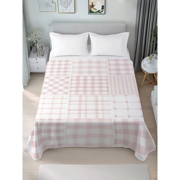 Flat Sheet Bed Sheets, Light Pink Checker Soft Top Sheet Brushed Microfiber Bedding Sheet - 1 Queen Size Flat Sheet Only, Modern Lattice Plaid Hearts