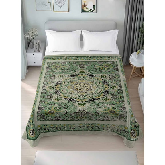 Flat Sheet Bed Sheets, Medieval Turkish Boho Pattern Soft Top Sheet Brushed Microfiber Bedding Sheet - 1 Queen Size Flat Sheet Only, Green Mural Retro Floral Texture
