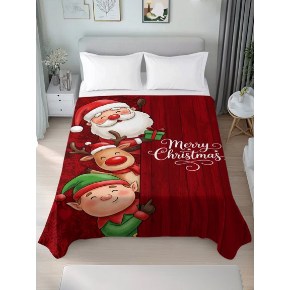 Flat Sheet Bed Sheets, Merry Christmas Santa Claus Reindeer Elf Soft Top Sheet Brushed Microfiber Bedding Sheet - 1 Queen Size Flat Sheet Only, Red Snowflake Wood
