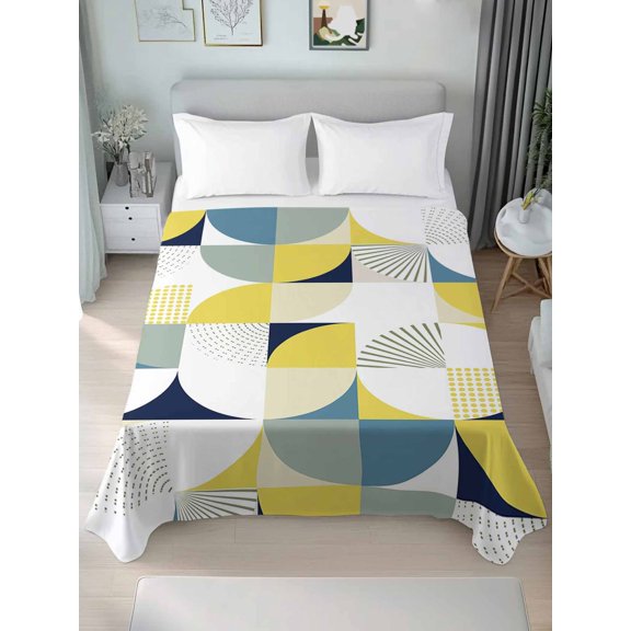 Flat Sheet Bed Sheets, Mid Century Geometric Splicing Art Soft Top Sheet Brushed Microfiber Bedding Sheet - 1 Queen Size Flat Sheet Only, Circle Square with Stripe Dot