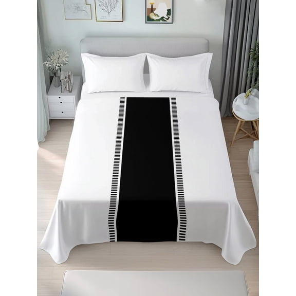 Flat Sheet Bed Sheets, Modern Black Stripe on White Soft Top Sheet Brushed Microfiber Bedding Sheet - 1 Queen Size Flat Sheet Only, Minimalist Geometric Art