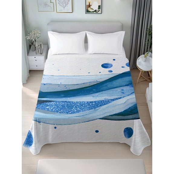 Flat Sheet Bed Sheets, Modern Blue Stripe Polka Dot Soft Top Sheet Brushed Microfiber Bedding Sheet - 1 King Size Flat Sheet Only, Abstract Watercolor Ink Texture