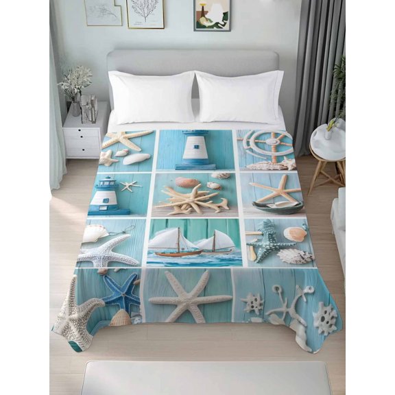 Flat Sheet Bed Sheets, Nautical Lighthouse Rudder Starfish Soft Top Sheet Brushed Microfiber Bedding Sheet - 1 King Size Flat Sheet Only, Marine Life Shell Blue Wood