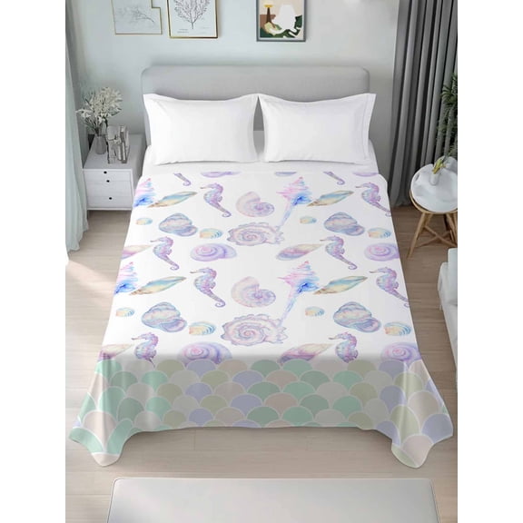 Flat Sheet Bed Sheets, Ocean Seahorse Conch Shell Soft Top Sheet Brushed Microfiber Bedding Sheet - 1 Queen Size Flat Sheet Only, Underwater World Mermaid Scale Gradient