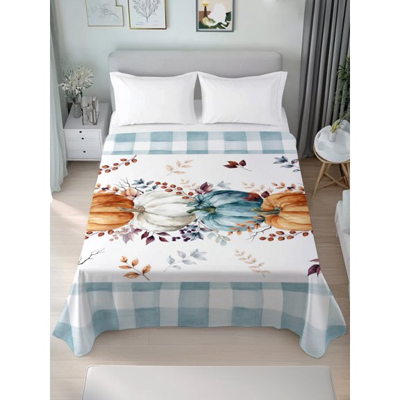 Flat Sheet Bed Sheets, Orange Pumpkin Thanksgiving Fall Eucalyptus Leaf Soft Top Sheet Brushed Microfiber Bedding Sheet - 1 California King Size Flat Sheet Only, Teal Plaid