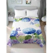 Flat Sheet Bed Sheets, Pastoral Colorful Hydrangea Butterfly Soft Top Sheet Brushed Microfiber Bedding Sheet - 1 Queen Size Flat Sheet Only, Blue Purple Flower Leaf