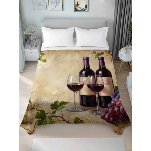 Flat Sheet Bed Sheets, Rustic Grapes Wine Goblets Bottles Soft Top Sheet Brushed Microfiber Bedding Sheet - 1 Queen Size Flat Sheet Only, Farmhouse Italian Manor