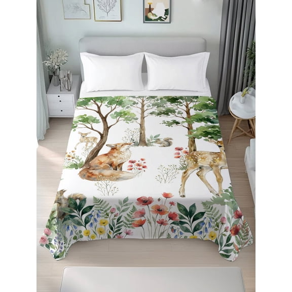 Flat Sheet Bed Sheets, Small Deer Fox Squirrels Flowers Soft Top Sheet Brushed Microfiber Bedding Sheet - 1 California King Size Flat Sheet Only, Green Leaves Forest