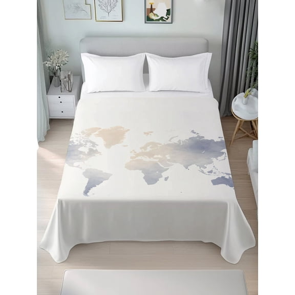 Flat Sheet Bed Sheets, Soft Watercolor World Map Soft Top Sheet Brushed Microfiber Bedding Sheet - 1 Queen Size Flat Sheet Only, Minimalist Travel Art Print