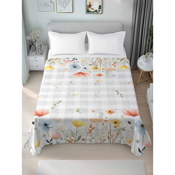 Flat Sheet Bed Sheets, Spring Floral Leaves Gray Gingham Soft Top Sheet Brushed Microfiber Bedding Sheet - 1 Queen Size Flat Sheet Only, Farm Flower Watercolor