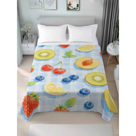 Flat Sheet Bed Sheets, Summer Fruit Slices Peach Pattern Soft Top Sheet Brushed Microfiber Bedding Sheet - 1 Queen Size Flat Sheet Only, Blue Gingham Backdrop