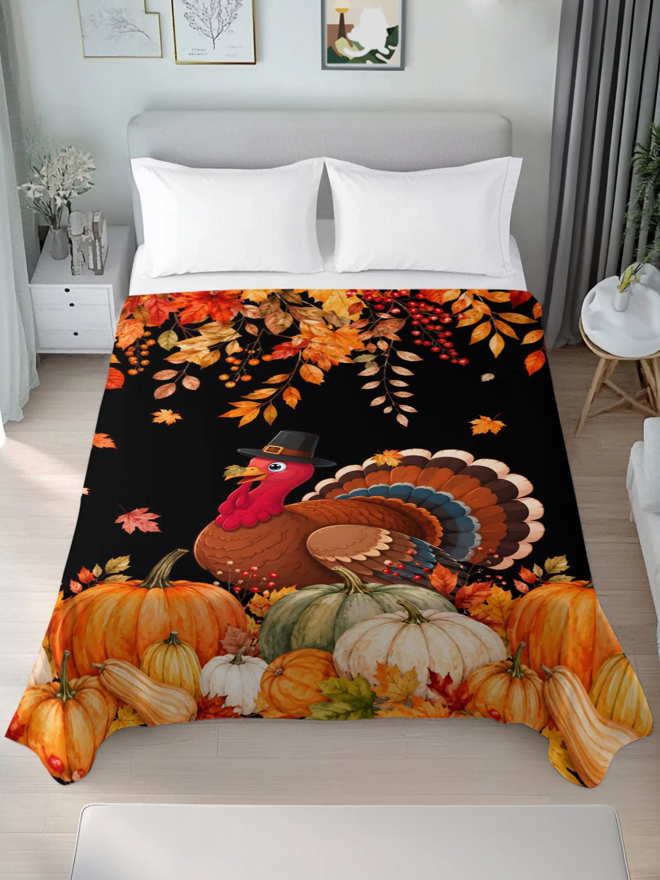 Flat Sheet Bed Sheets, Thanksgiving Turkey Bird Pumpkins Soft Top Sheet ...