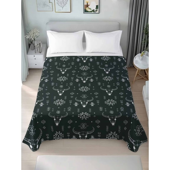 Flat Sheet Bed Sheets, Tribal Bull Skull Arrow Dark Gray Soft Top Sheet Brushed Microfiber Bedding Sheet - 1 Queen Size Flat Sheet Only, Western Geometric Pattern