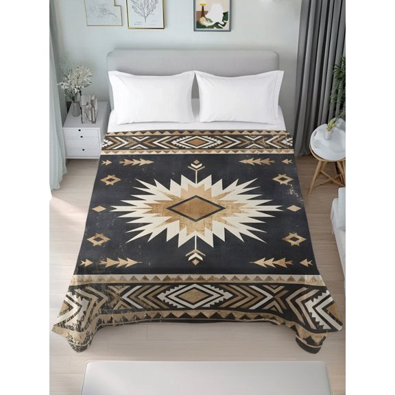 Flat Sheet Bed Sheets, Tribal Southwestern Arrow Texture Soft Top Sheet Brushed Microfiber Bedding Sheet - 1 California King Size Flat Sheet Only, Retro Black Brown Sunburst