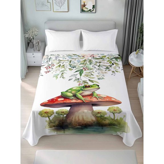 Flat Sheet Bed Sheets, Watercolor Frog on Mushroom Soft Top Sheet Brushed Microfiber Bedding Sheet - 1 Queen Size Flat Sheet Only, Eucalyptus Leaf Floral on White