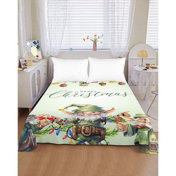 Flat Sheet Bed Sheets, Winter Green Elf Soft Top Sheet Brushed Microfiber Bedding Sheet - 1 King Size Flat Sheet Only, Christmas Bell Star Pinecone Ball Ornament