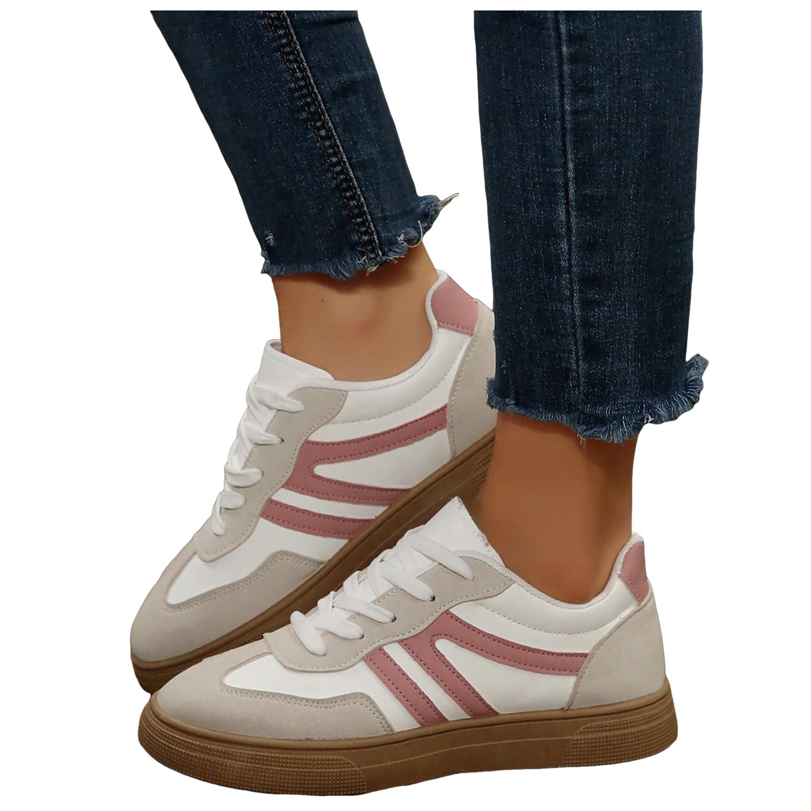 Flat Shoes for Women Vintage Classic Thick Sole Trainers Skate Shoes Splice Suede Lace up Antislip Walking Tennis Shoes Low Top Sneakers Beige Size 6.5