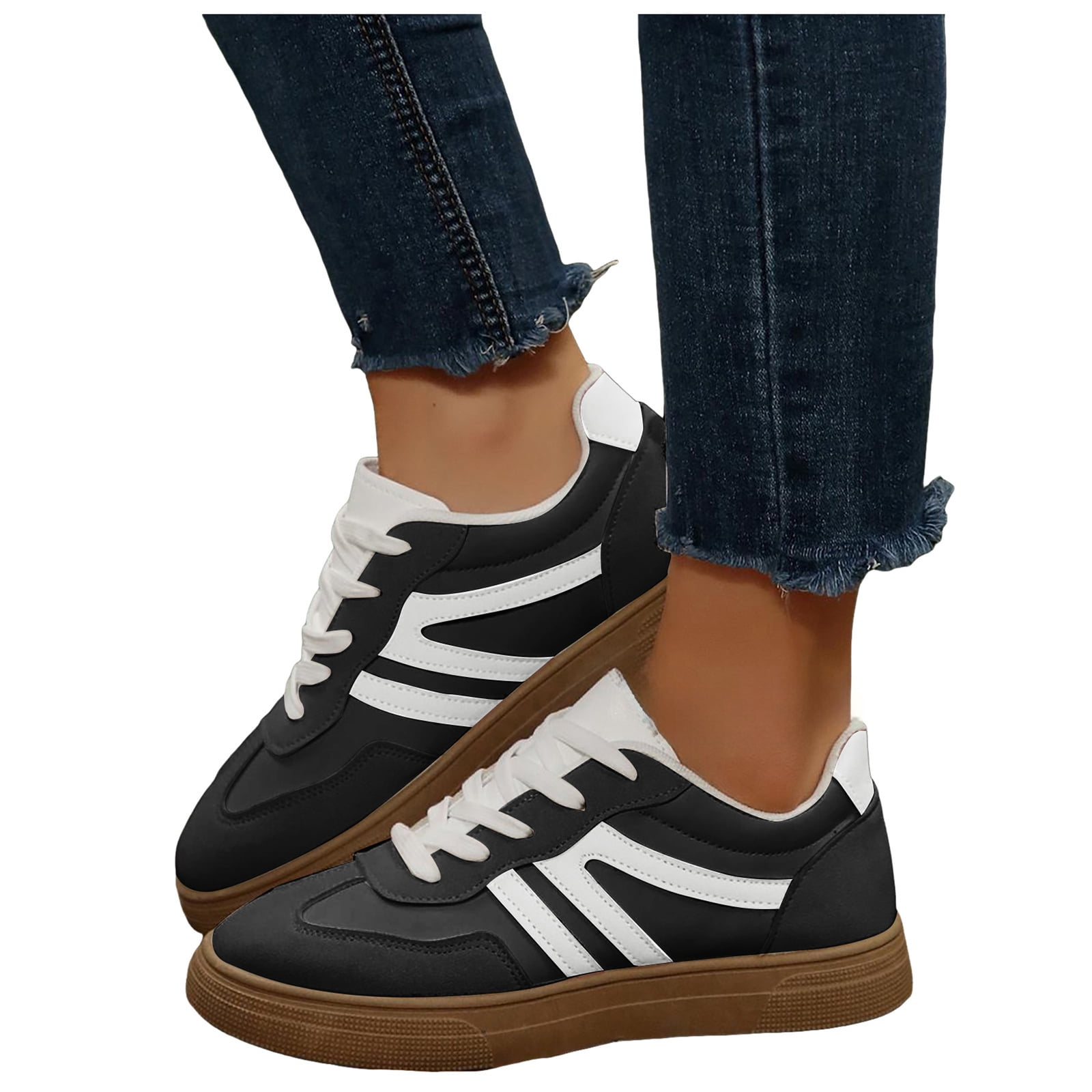 Flat Shoes for Women Vintage Classic Thick Sole Trainers Skate Shoes Splice Suede Lace up Antislip Walking Tennis Shoes Low Top Sneakers Black Size 6.5