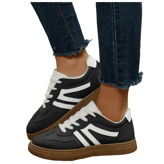 Flat Shoes for Women Vintage Classic Thick Sole Trainers Skate Shoes Splice Suede Lace up Antislip Walking Tennis Shoes Low Top Sneakers Black Size 6.5