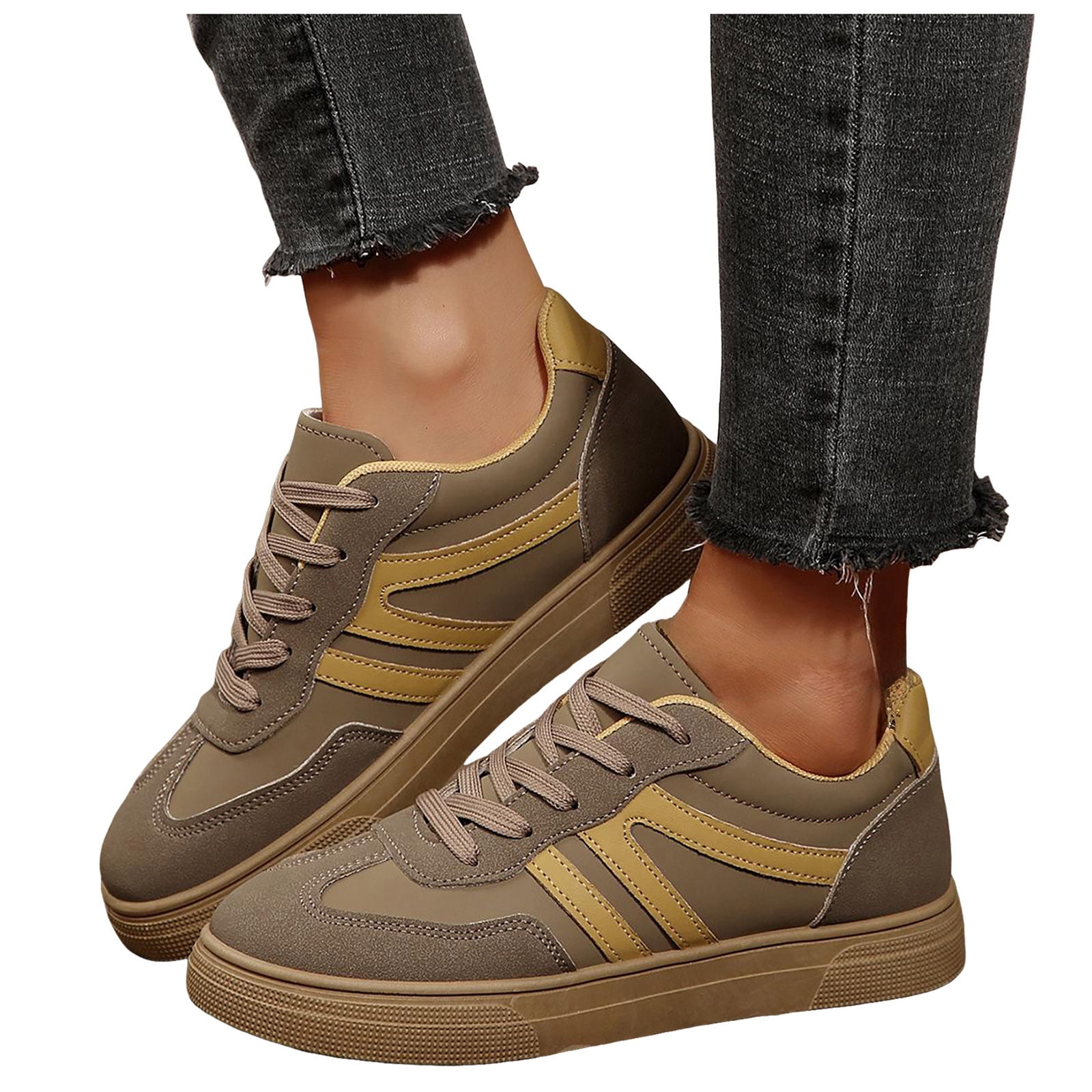 Flat Shoes for Women Vintage Classic Thick Sole Trainers Skate Shoes Splice Suede Lace up Antislip Walking Tennis Shoes Low Top Sneakers Gray Size 7.5
