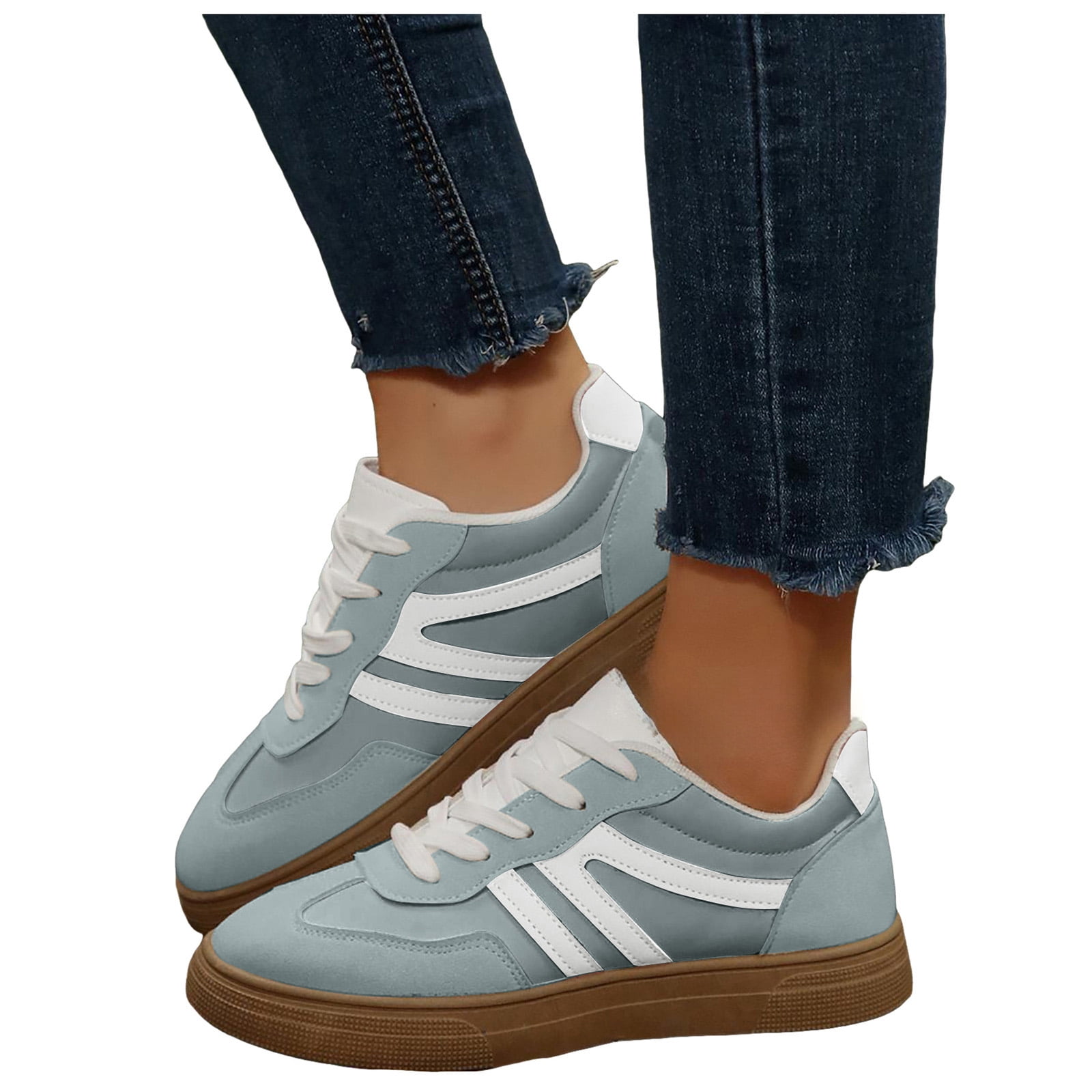 Flat Shoes for Women Vintage Classic Thick Sole Trainers Skate Shoes Splice Suede Lace up Antislip Walking Tennis Shoes Low Top Sneakers Sky Blue Size 9