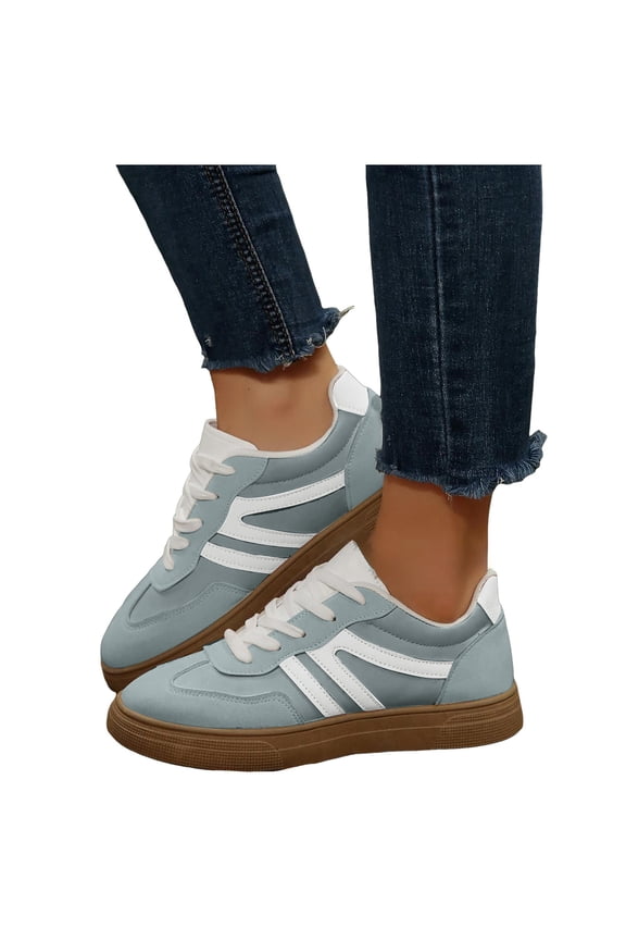 Flat Shoes for Women Vintage Classic Thick Sole Trainers Skate Shoes Splice Suede Lace up Antislip Walking Tennis Shoes Low Top Sneakers Sky Blue Size 9