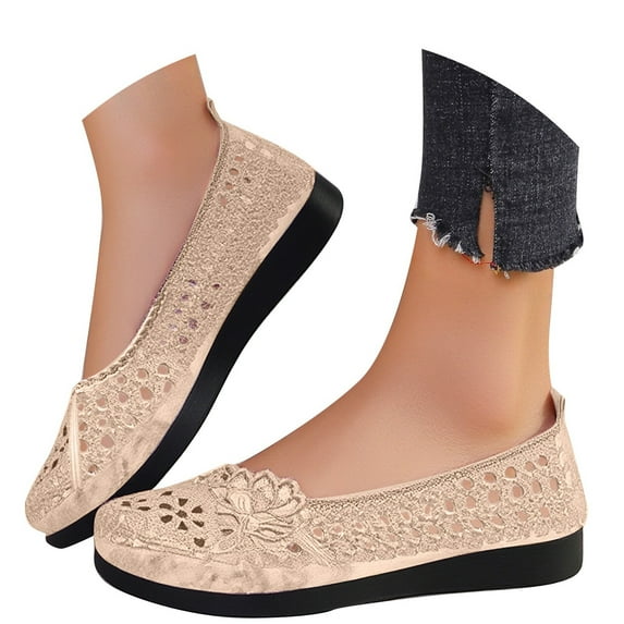 Flat Shoes for Women Breathable Crochet Lace Ballet Flat Floral Casual Round Toe Loafers Shoes