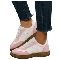Flat Shoes for Women Vintage Classic Thick Sole Trainers Skate Shoes Splice Suede Lace up Antislip Walking Tennis Shoes Low Top Sneakers Pink Size 8